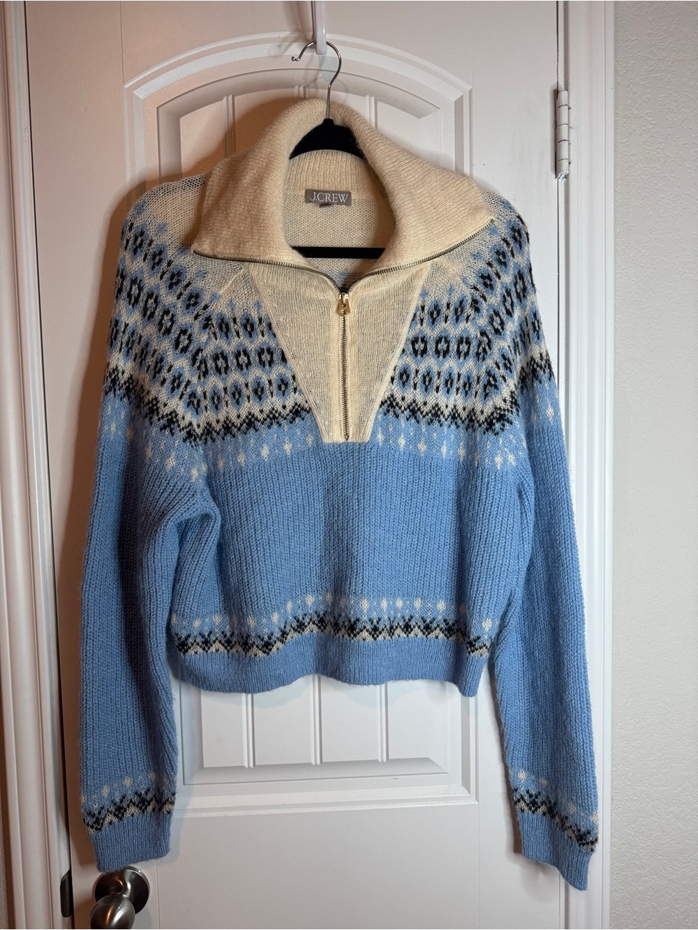 J.Crew Light Blue Nordic Half-Zip Sweater fair isle print  preppy alpaca wool